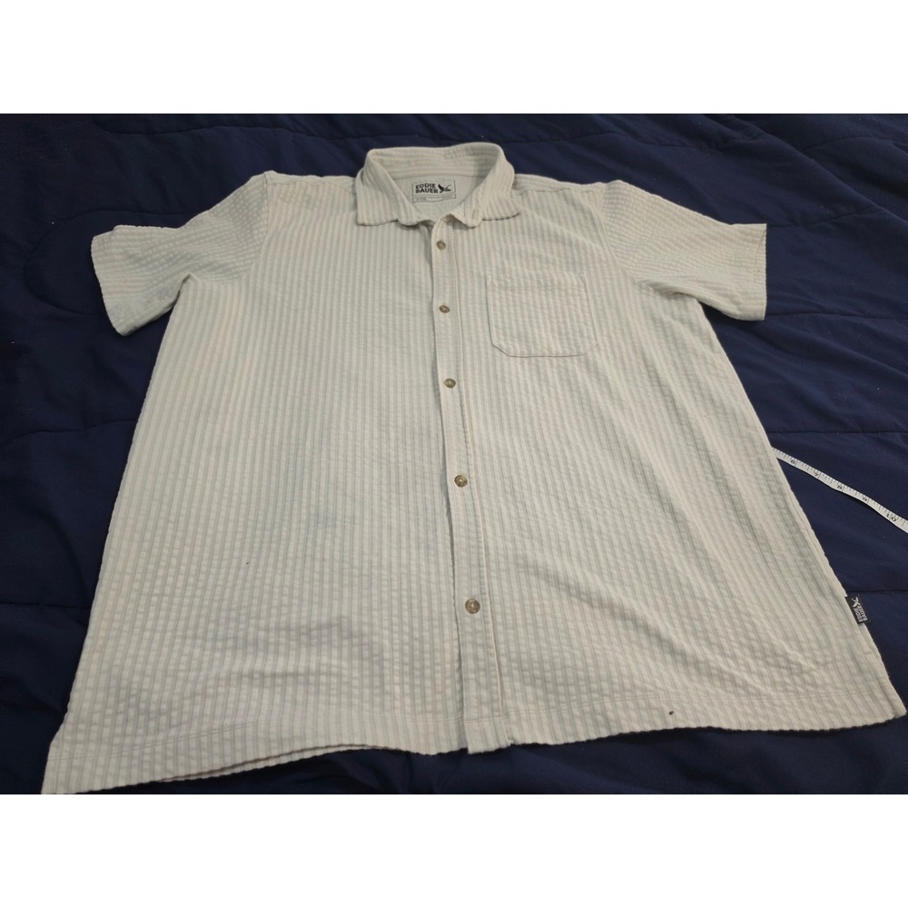 Eddie Bauer Mens XL Tall Seersucker Striped Short Sleeve Button Down Shirt White